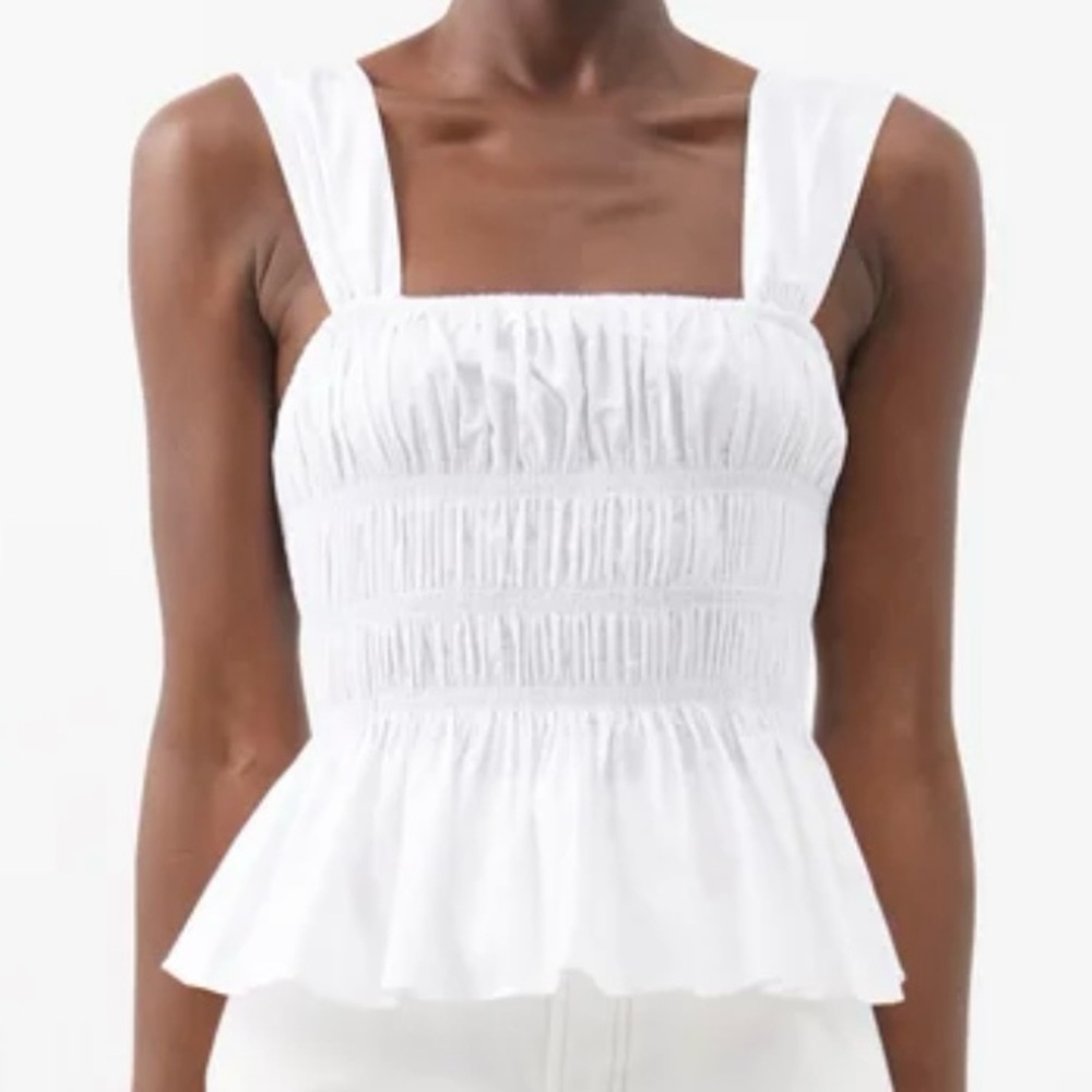 STAUD Ida Poplin Smocked Peplum Top WHITE
